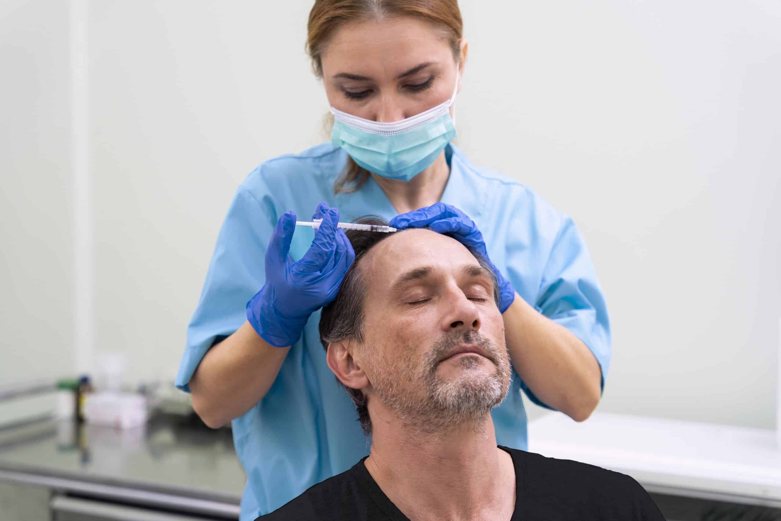 Male patient receiving hair restoration treatment at a Tampa men's aesthetic clinic
