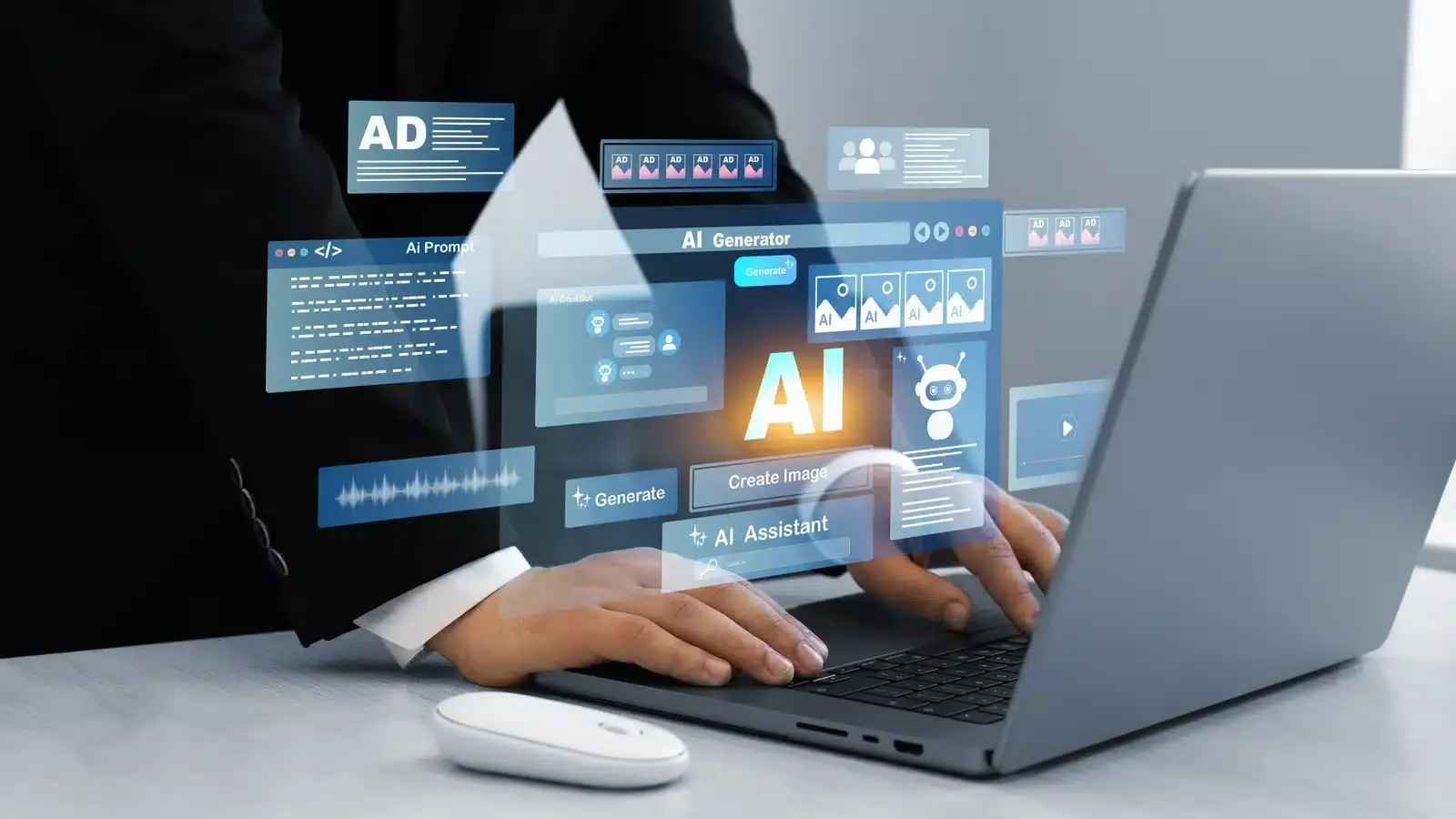 A person using an AI writing tool on a laptop to draft aesthetic clinic content, illustrating where AI speeds up medical aesthetics marketing.