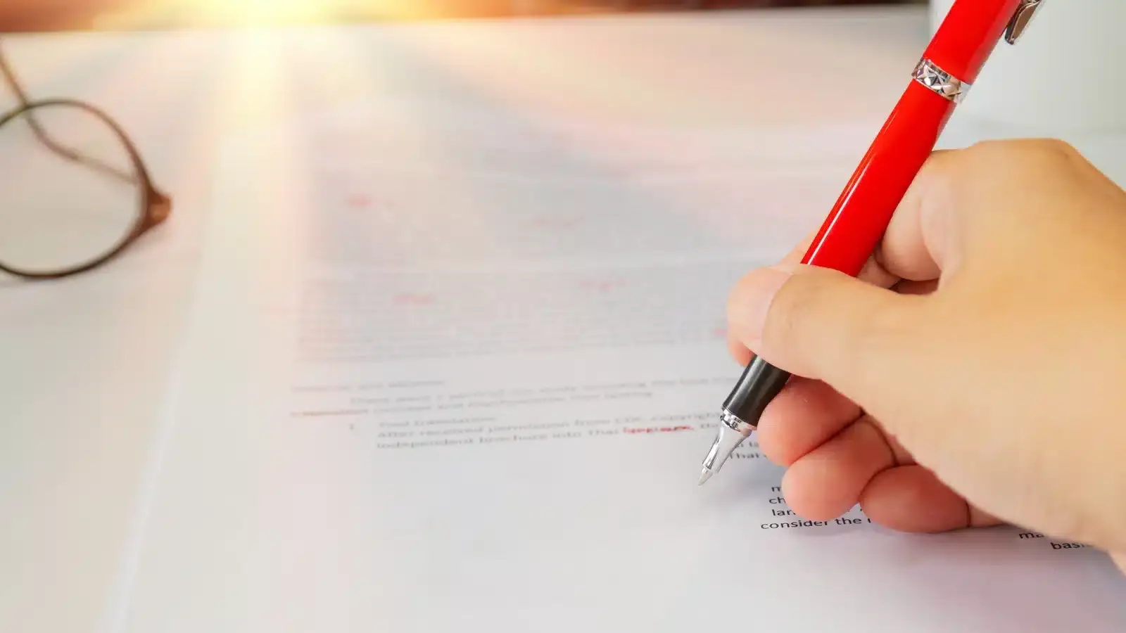 A human editor reviewing and marking up a printed draft, representing the medical-review gate every AI-assisted aesthetic draft must pass.