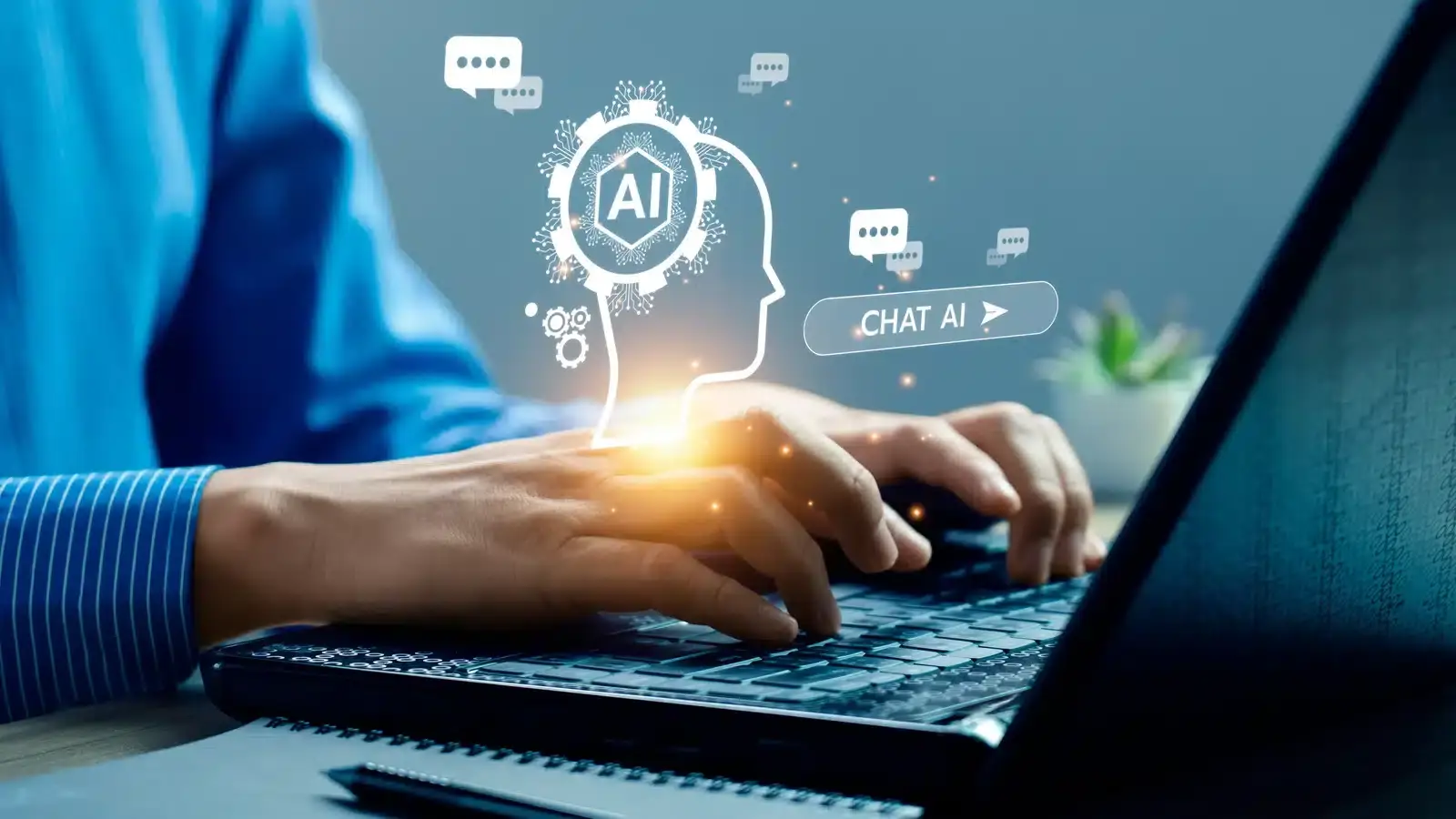 A person asking an AI assistant on a laptop for a med spa recommendation, illustrating how patients now research aesthetic treatments through generative engines.