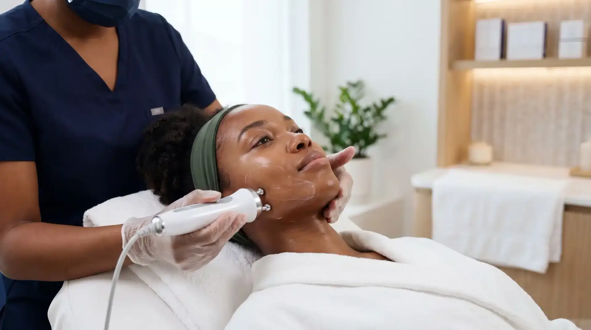A Tampa med spa clinician performing a facial device treatment on a relaxed patient