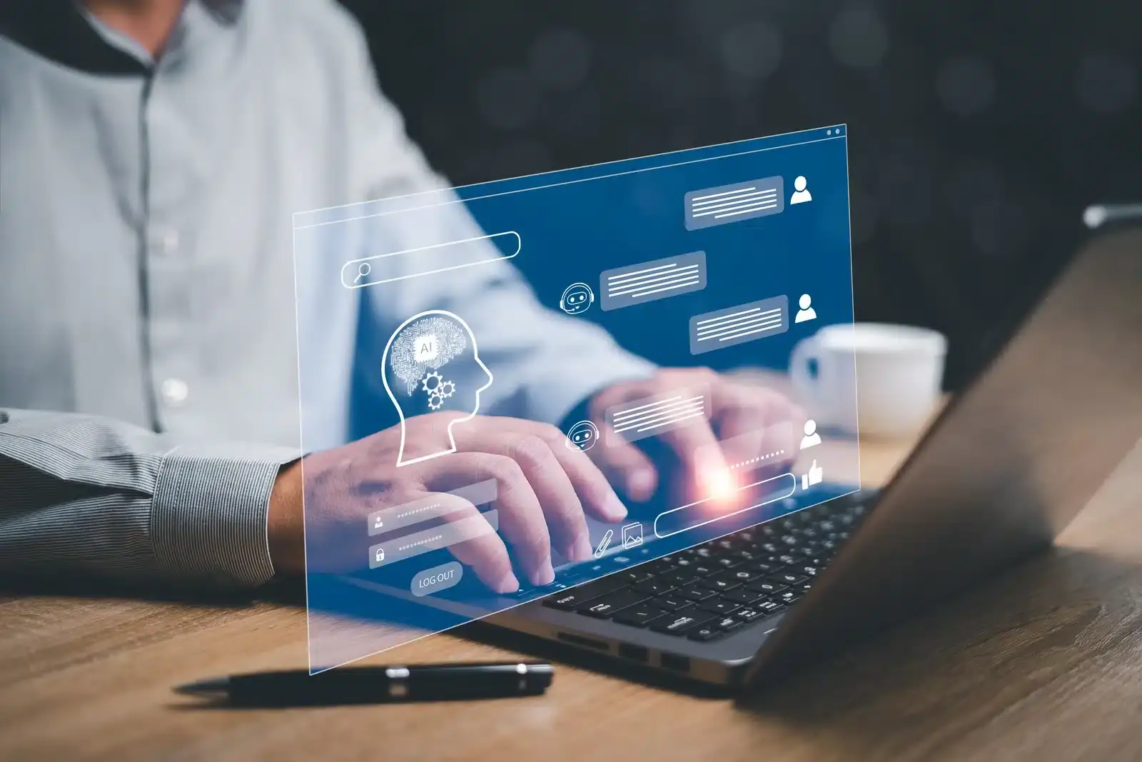 Hands typing on a laptop with an AI chat and search interface, illustrating answer engine optimization for plastic surgery practices.