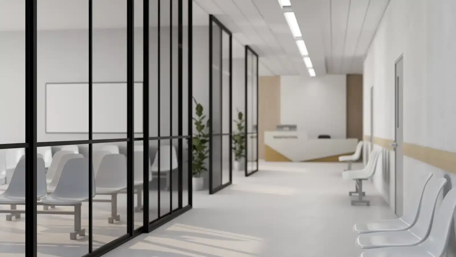 A modern, minimalist plastic surgery practice reception and waiting area, representing a well-optimized Google Business Profile.