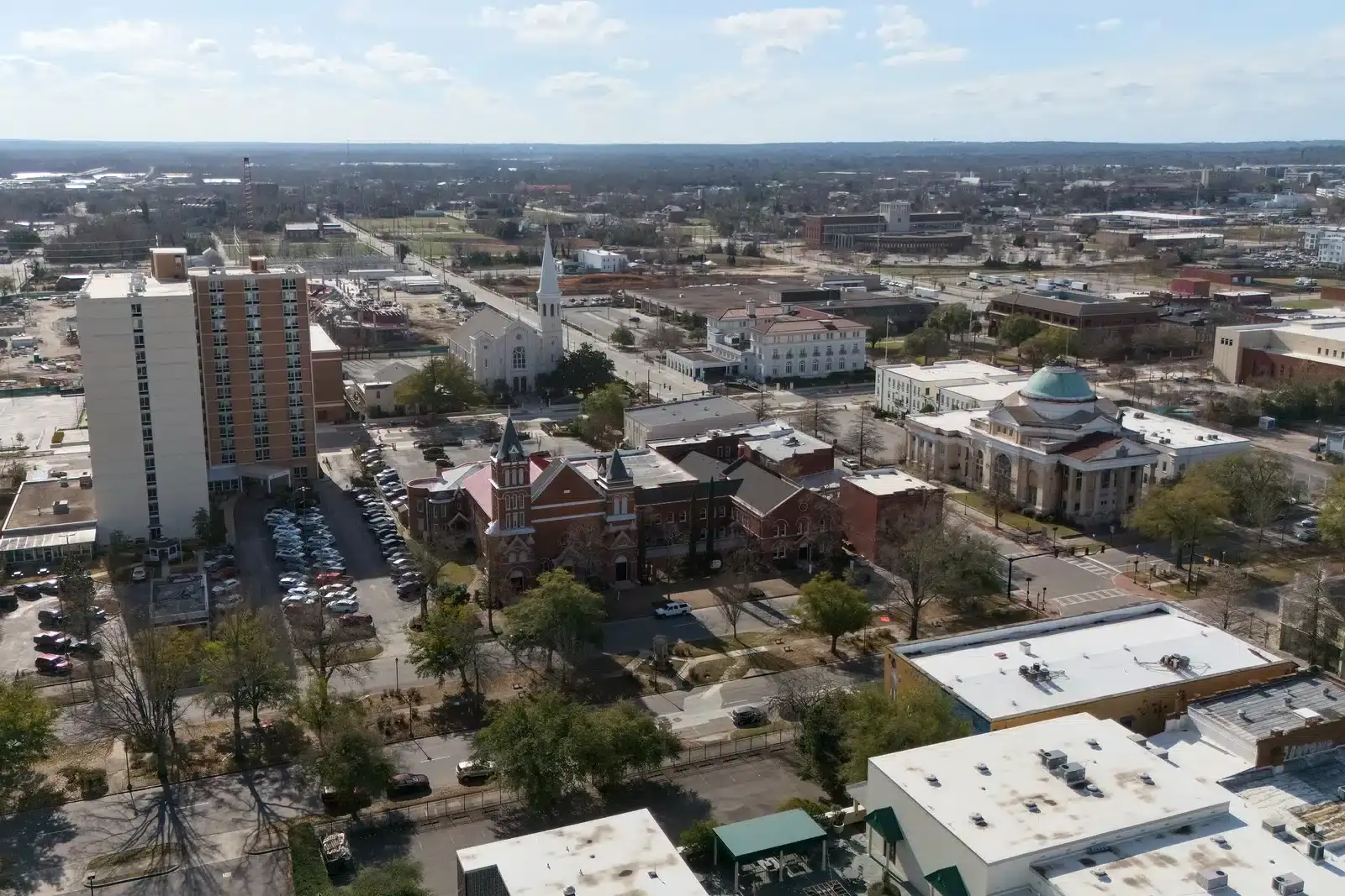 Aerial view of downtown Augusta, Georgia, a two-state medical and military market