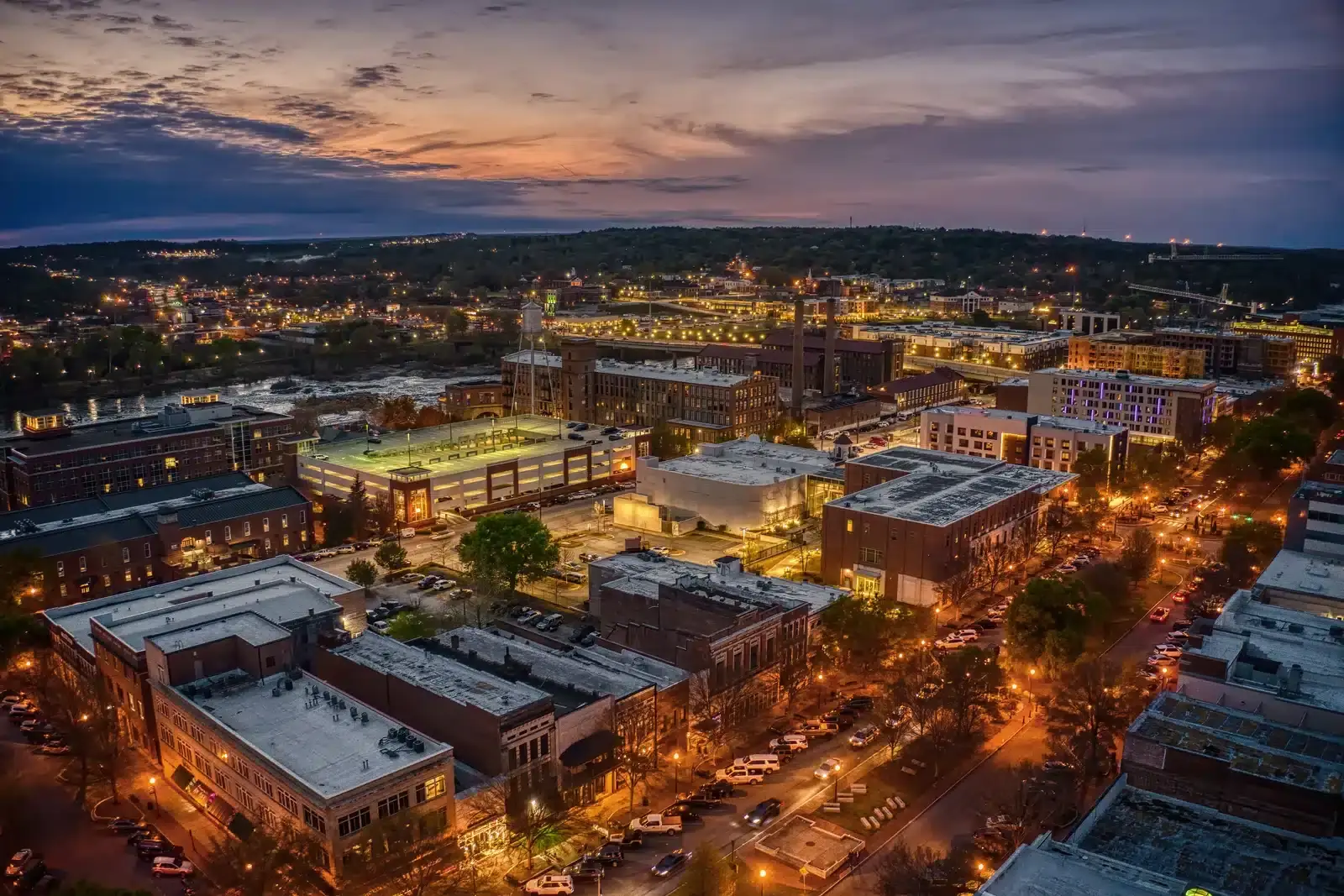 Downtown Columbus, Georgia at dusk, a military and corporate market on the Chattahoochee